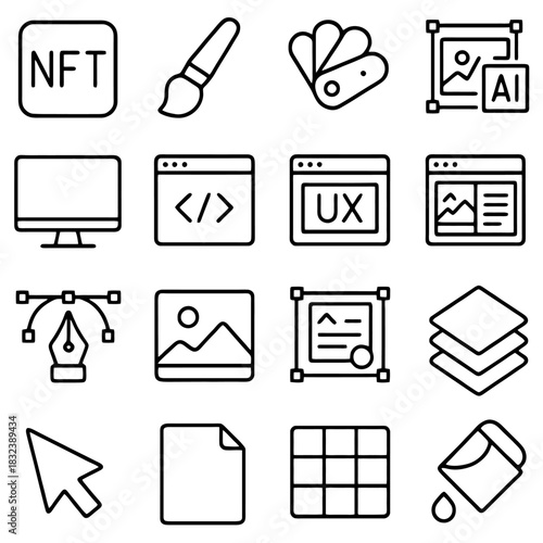 Digital Design Icons: A comprehensive set of digital design icons, illustrating various tools and concepts used in the realm of web design and digital art.