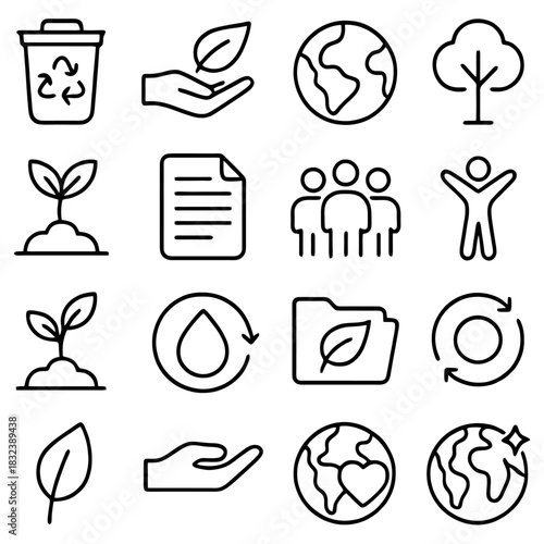Environmental Icons: A curated collection of minimalistic icons representing key concepts in sustainability, conservation, and eco-consciousness, promoting awareness and action.