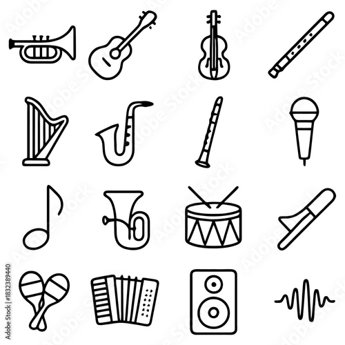 Musical Instruments in Outline: A detailed collection of musical instruments, captured in a clean outline, perfect for illustrating the essence of music, including Guitar, violin and microphone