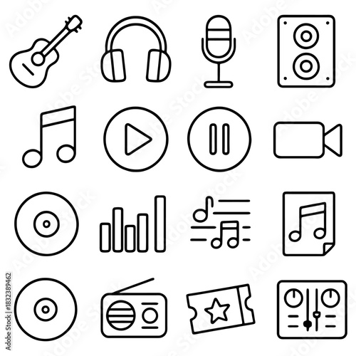 Musical Symbols Collection: A detailed illustration showcasing a curated collection of musical symbols, instruments, and equipment, all rendered in a clean, minimalist style. Explore a world of music.
