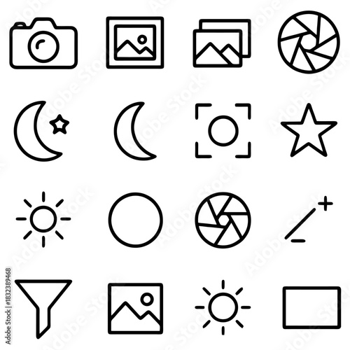 Photography Icons: An array of meticulously crafted linear icons related to photography, each representing essential tools and elements used in the art of capturing images.