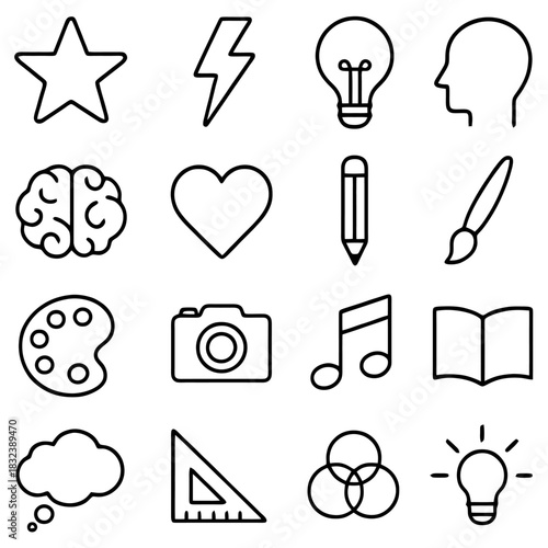 Creative Expression Icons: A collection of meticulously crafted outline icons, representing diverse facets of creative thinking and expression, from innovation to inspiration.