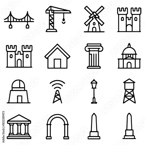 Architectural Icons: A collection of meticulously crafted, minimalistic line icons depicting various architectural elements and structures. The image evokes a sense of order, design.