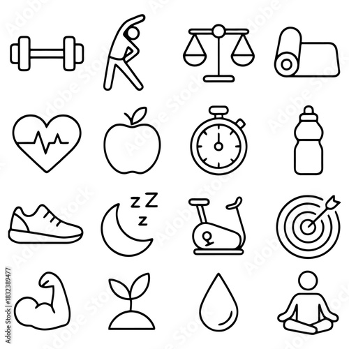 Healthy Lifestyle Icon Set: A comprehensive collection of line art icons representing essential elements of a well-balanced lifestyle. Includes symbols of fitness, nutrition, and well-being.