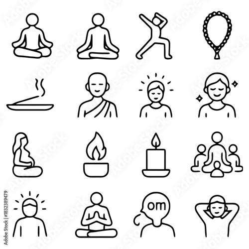 Harmony Icons: A collection of symbolic icons related to meditation, spirituality, and wellness, each representing a facet of inner peace and mindful practices.