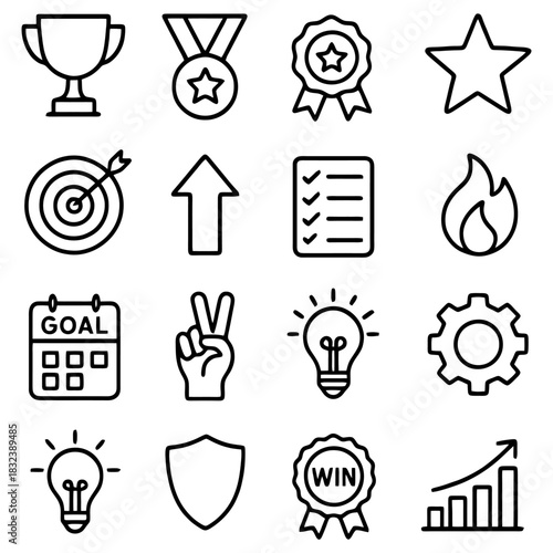 Success Icons for achievement and goals: A collection of various icons representing the concepts of achievements, success, and goal-oriented behaviors.