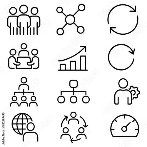 Visual Guide of Key Concepts: A compilation of minimalist line icons representing core elements of strategy, teamwork, and growth.