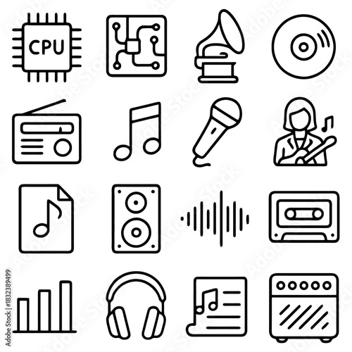 Icons of Music and Technology: A captivating collection of meticulously crafted icons. Designed with a clean, modern aesthetic, the icons present a harmonious blend of technology and musical elements.