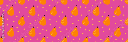 Seamless fruit pattern featuring cartoon pears and dots. Vector illustration for childrens fabric, garden-themed poster, girls clothes, sweet summer party decoration, creative textile print. 