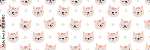 Cute cat seamless pattern with sleepy kitten faces in pastel colors. Childish scandinavian design perfect for baby nursery, kids textiles, and trendy decorations.