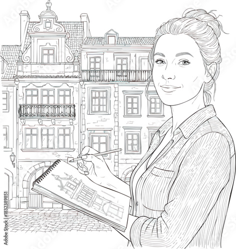 Beautiful young female artist holding a sketchbook and pencil.