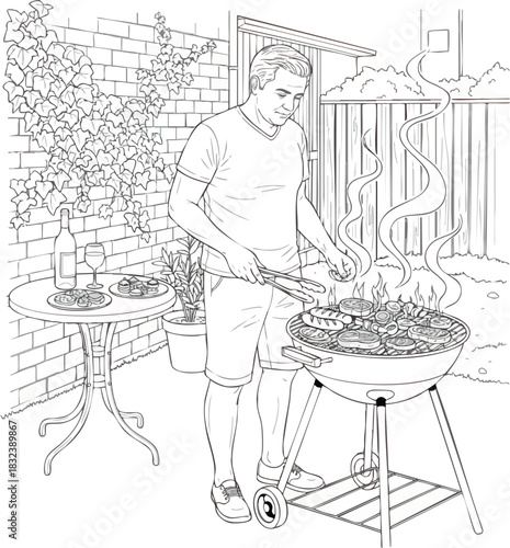 Black and white line art illustration of a man grilling food.