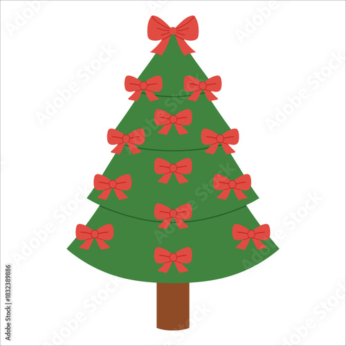 Simple green lush Christmas tree decorated with many red bows. Festive, decorative winter illustration for card, banner, kids, seasonal, holiday designs. Flat vector. Hand drawn. Isolated background.
