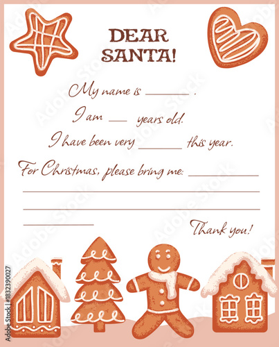 Christmas letter to Santa with gingerbread cookie and text template