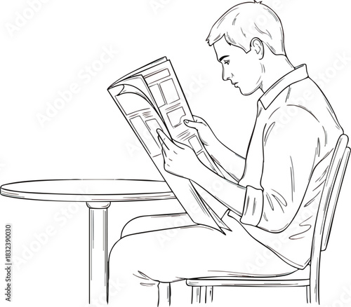 Black and white line drawing of a man reading a newspaper at a table.