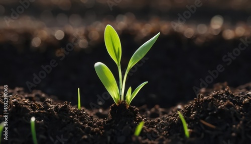 Fresh green sprout growing in rich organic soil