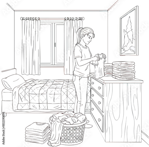 Black and white line drawing of a young woman folding laundry.