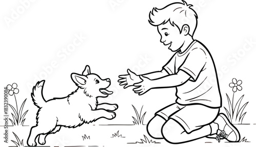 Boy and puppy playing together outdoors.
