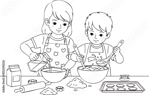 Brother and sister happily making cookie dough in the kitchen coloring page.