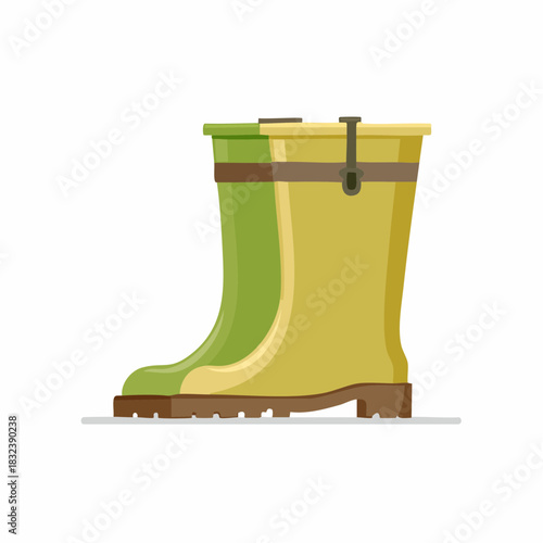 Green and yellow rubber boots with buckle detail, isolated vector illustration