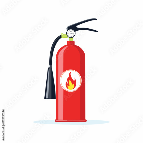 Red fire extinguisher with flame symbol and small clock on top for safety equipment