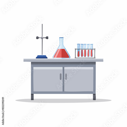 Chemistry lab workstation with scientific glassware, flask, test tubes, and retort stand