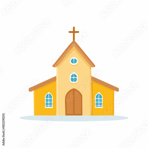 Cute Cartoon Church Building with Cross and Arched Door