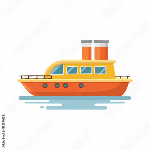 Vibrant flat design boat with orange hull and yellow deck sailing on calm blue water vector