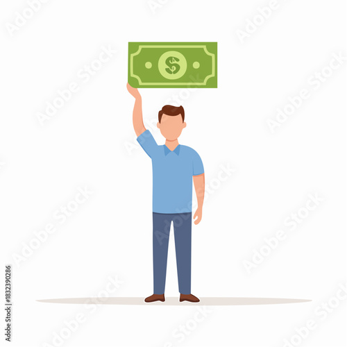 Man holding green dollar bill above head for financial success and wealth