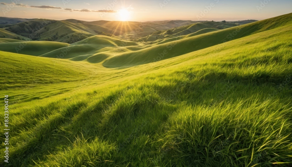 Obraz premium Sun sets over beautiful green rolling hills landscape