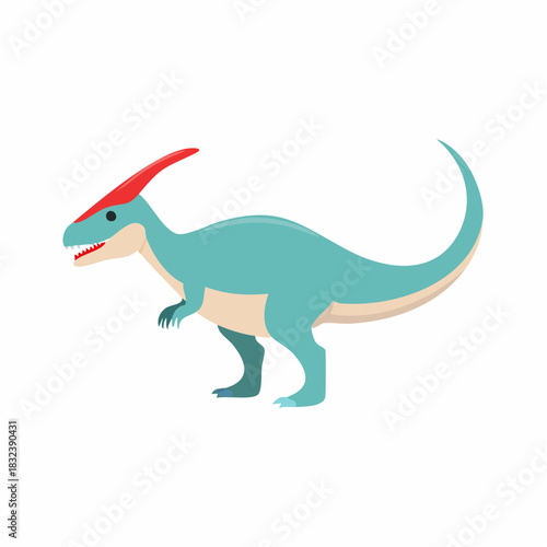 Parasaurolophus Dinosaur Illustration with Teal Body and Red Crest
