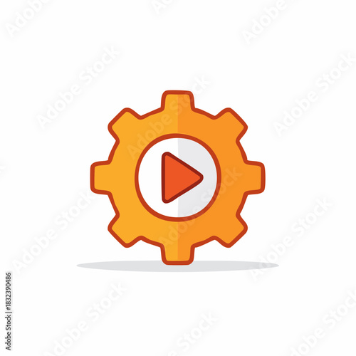 Orange Gear with Play Button Icon Symbolizing Media Production and Digital Content Creation