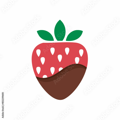 Chocolate Dipped Strawberry Illustration with Green Leaves and White Seeds, Delicious Dessert