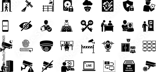 Comprehensive Security and Surveillance Glyph Pictogram Icon Set Featuring CCTV, Biometric Access, Data Protection, and Monitoring Technology Glyphs