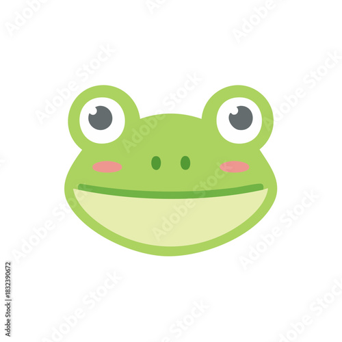 Cute happy cartoon frog face with big eyes and pink cheeks