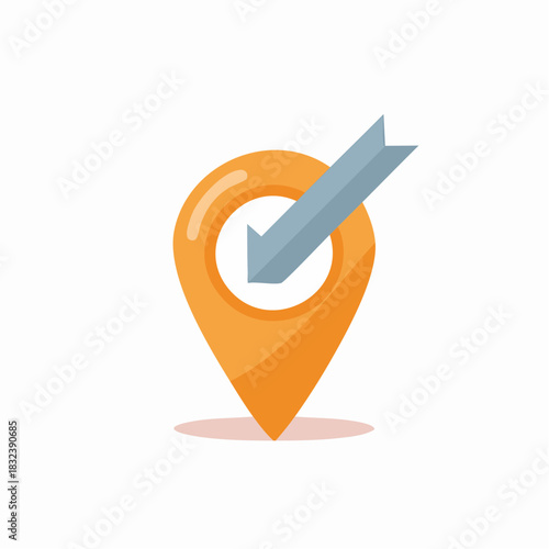 Location Pin Icon with Check Mark Arrow, Digital Navigation and Designation Sign