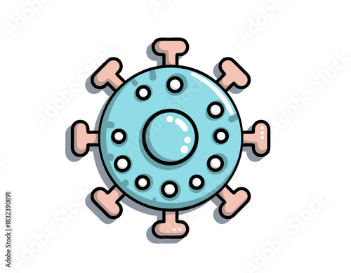 Stylized virus microbe illustration light blue circular body with small white circles and pink projections on black background clean simple design