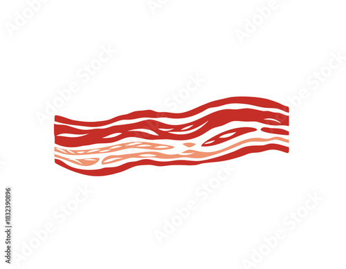 Crispy Strip of Bacon with Red and White Marbling Isolated on Black Background with Realistic Texture and Wavy Shape