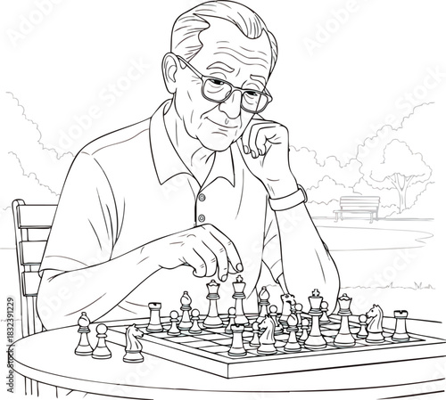 Elderly Man Concentrating on Chess Game Strategy.