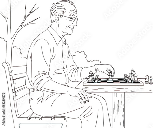 Elderly Man Engaged in a Thoughtful Game of Chess Outdoors.