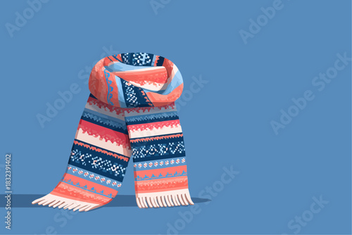 Folded knitted scarf with geometric pattern, bold colors on blue background for textile design and kids' product packaging