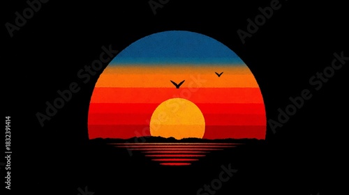 Vibrant sunset with colorful sky and distant silhouette of mountains and birds flying above the horizon by calm waters in a serene landscape