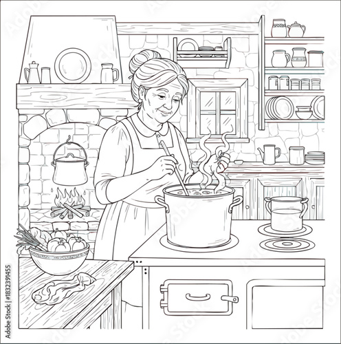 Elderly Woman Cooking in a Traditional Kitchen Setting.