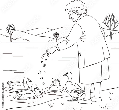 Elderly woman feeding ducks at the pond.