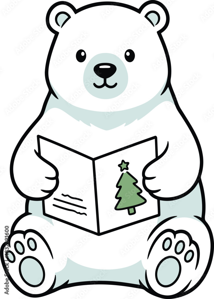 Obraz premium Cute cartoon polar bear reading a book with a Christmas tree on white background vector illustration