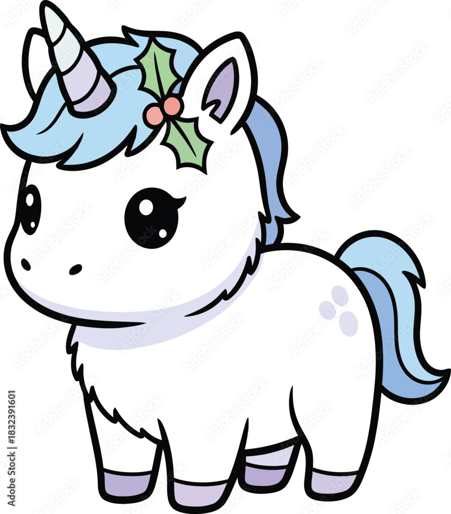 Naklejka premium Cute cartoon unicorn with blue mane and holly decoration on white background mythical creature fantasy