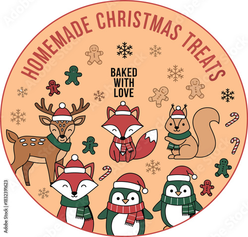 Cute Christmas Animals and Treats Circle Design with Text Keywords: Christmas, holiday, cute, animals