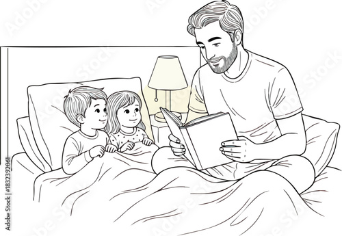 Father reading a bedtime story to his children in bed.