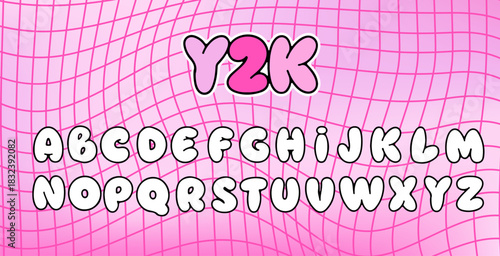 Y2K-style vector typeface display featuring ultra-bold, bubbly letters with thick black outlines on a warped pink grid background. Rounded forms of early 2000s nostalgia and bubblegum pop aesthetic.