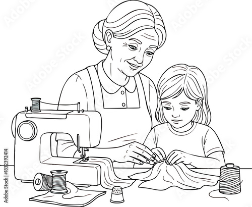 Grandmother and granddaughter sewing together with a sewing machine.
